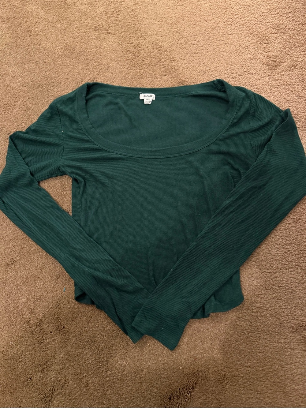 Garage Ribbed Long Sleeve Scoop Neck Top - Forest Green